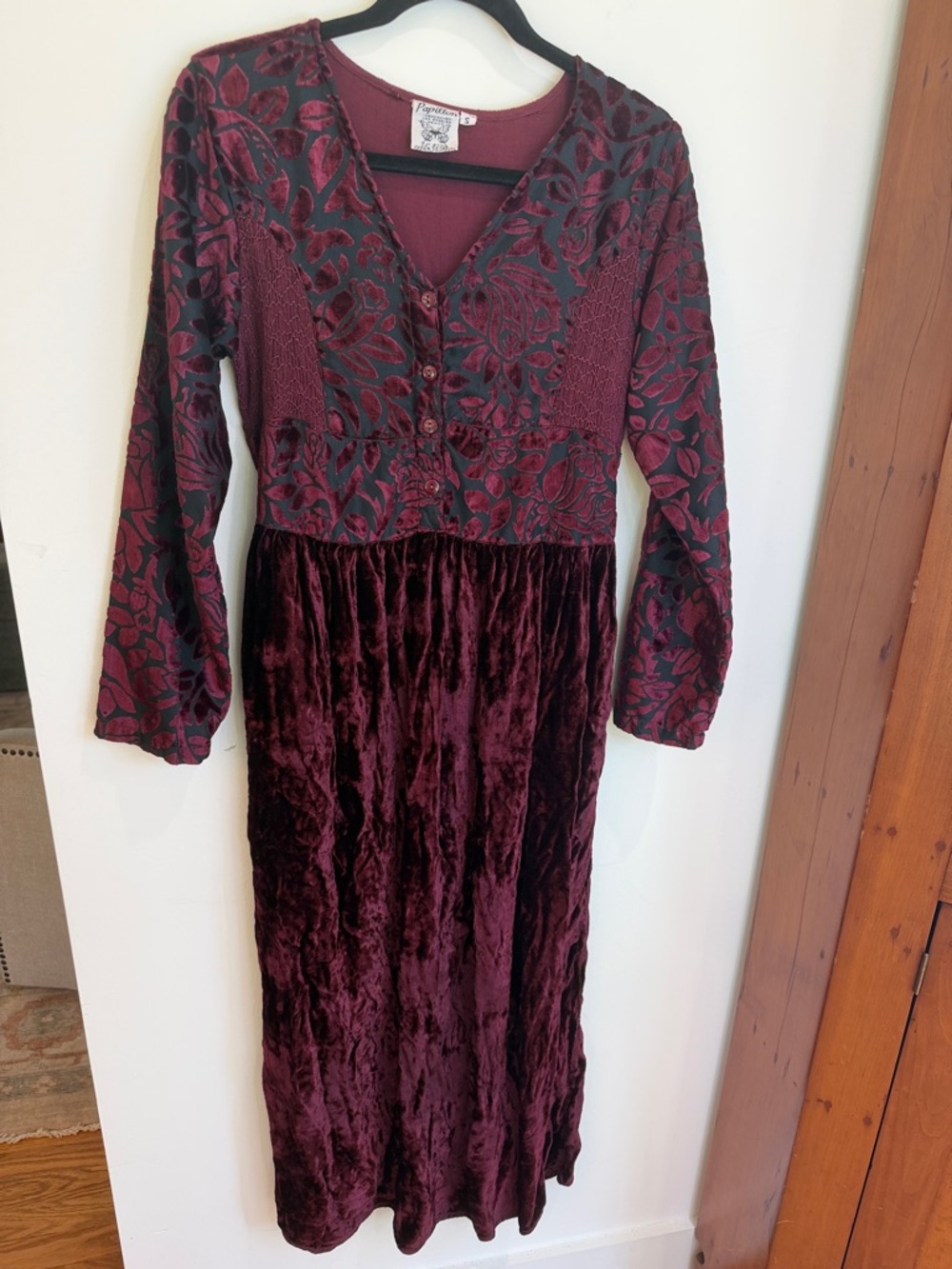 Papillon Burgundy Floral Crushed Velvet Long Sleeve Maxi Dress,S- 90s, Y2K, boho